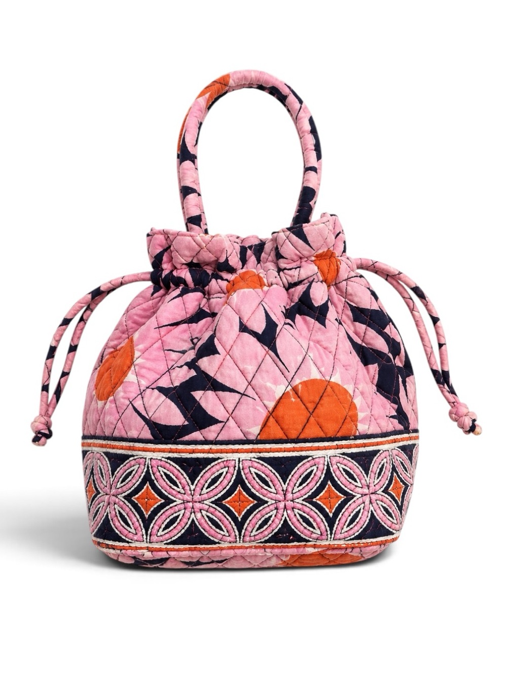 Vera Bradley Quilted Drawstring Tote Bag Floral Print Handbag Preppy Pink Navy
